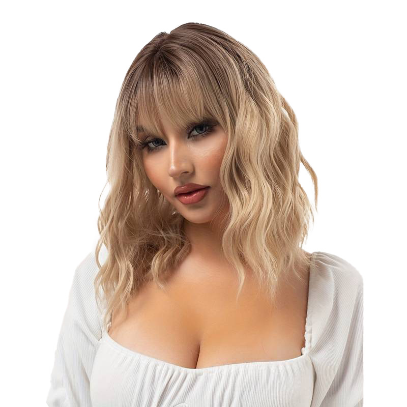 Short wave gradient golden wig with bangs
