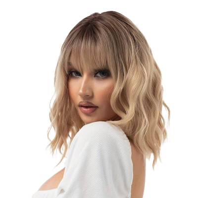 Short wave gradient golden wig with bangs 02