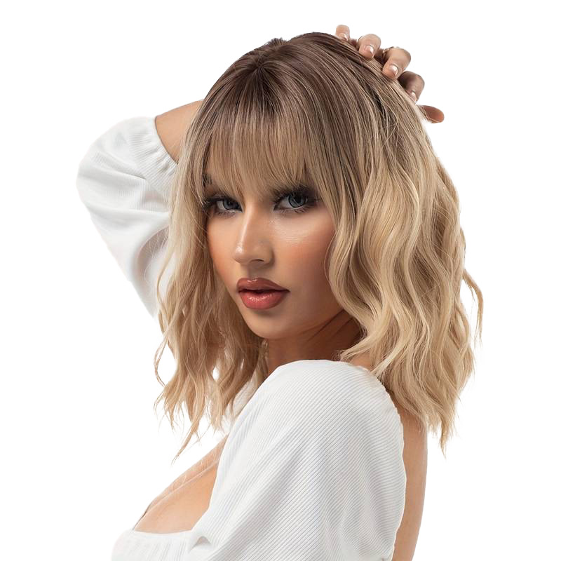Short wave gradient golden wig with bangs