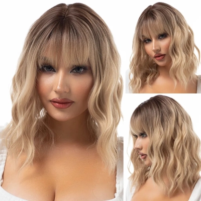 Short wave gradient golden wig with bangs 01