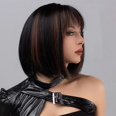 Straight hair two-color spliced wig with bangs 02