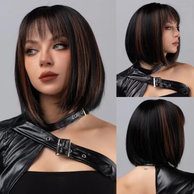 Straight hair two-color spliced wig with bangs 01