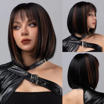 Straight hair two-color spliced wig with bangs 01