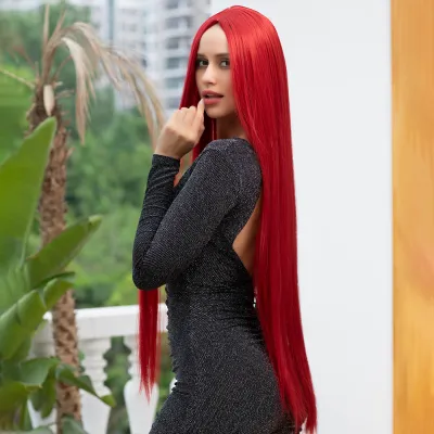 Wig red gray long straight hair 02