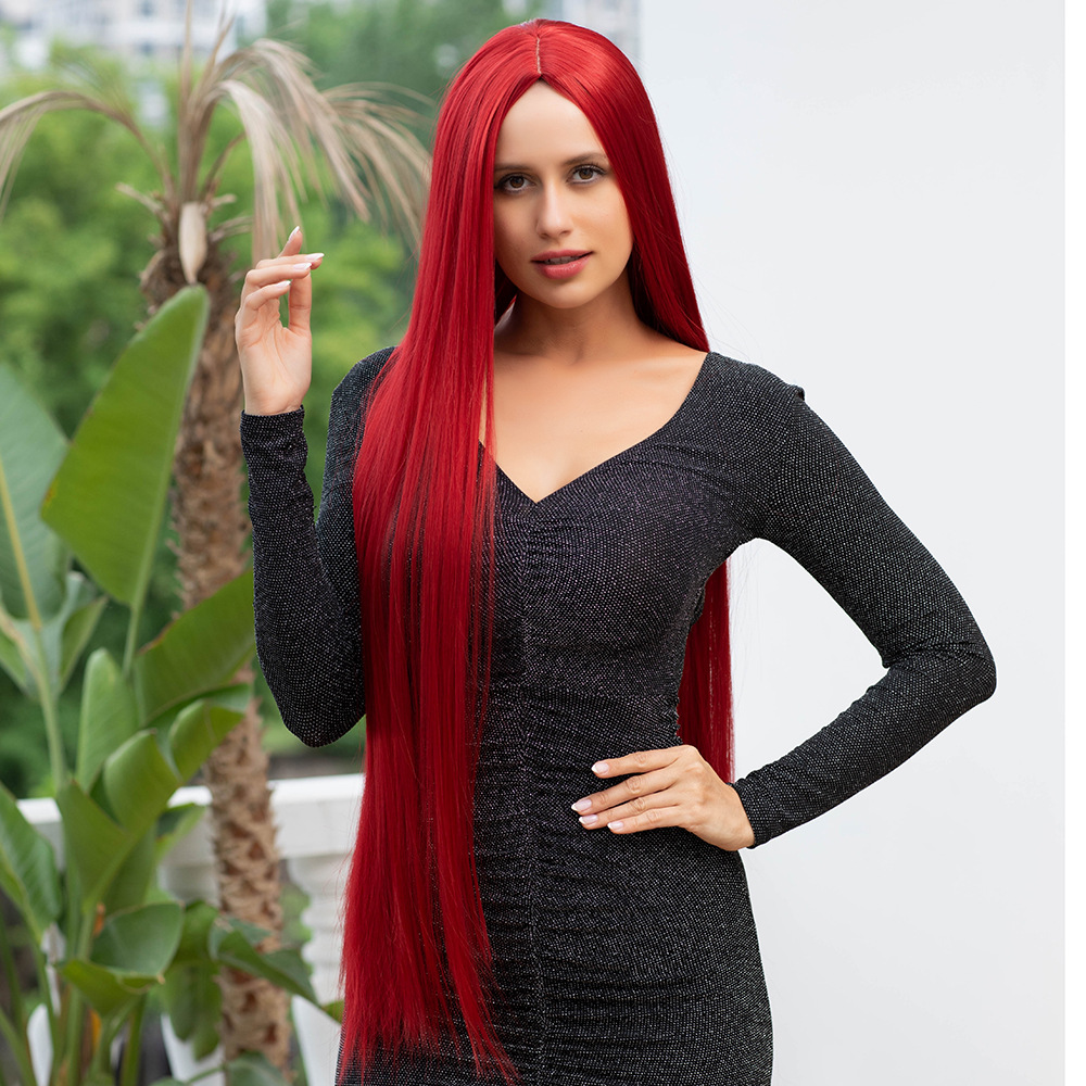 Wig red gray long straight hair