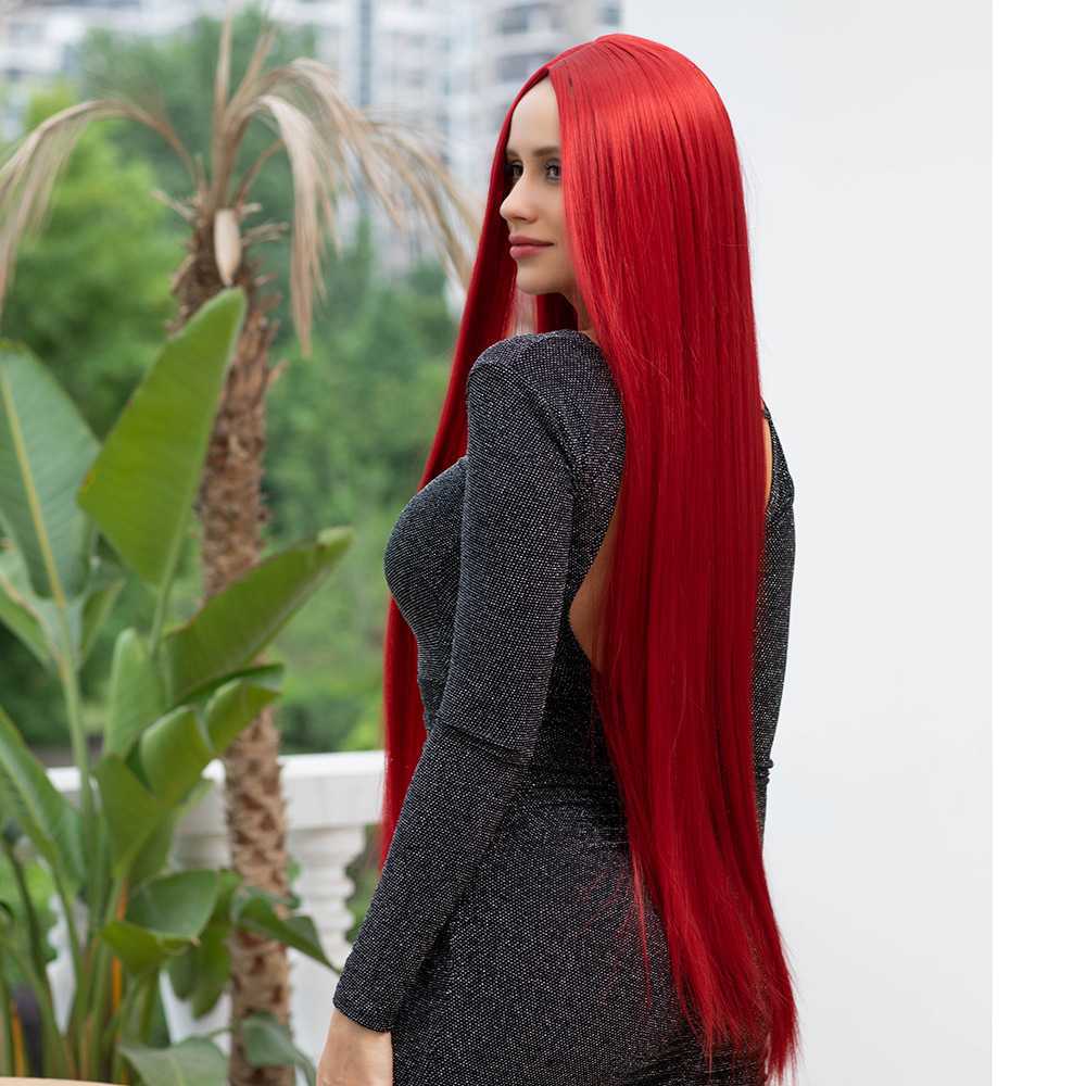 Wig red gray long straight hair