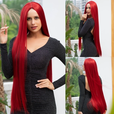 Wig red gray long straight hair 01