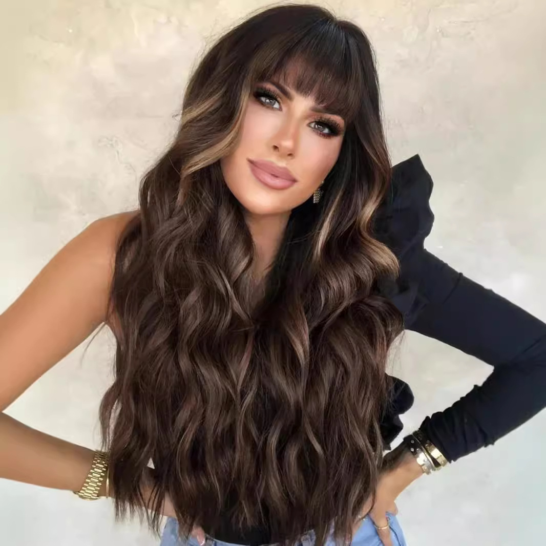 Black gradient white bangs big wave long curly hair wig