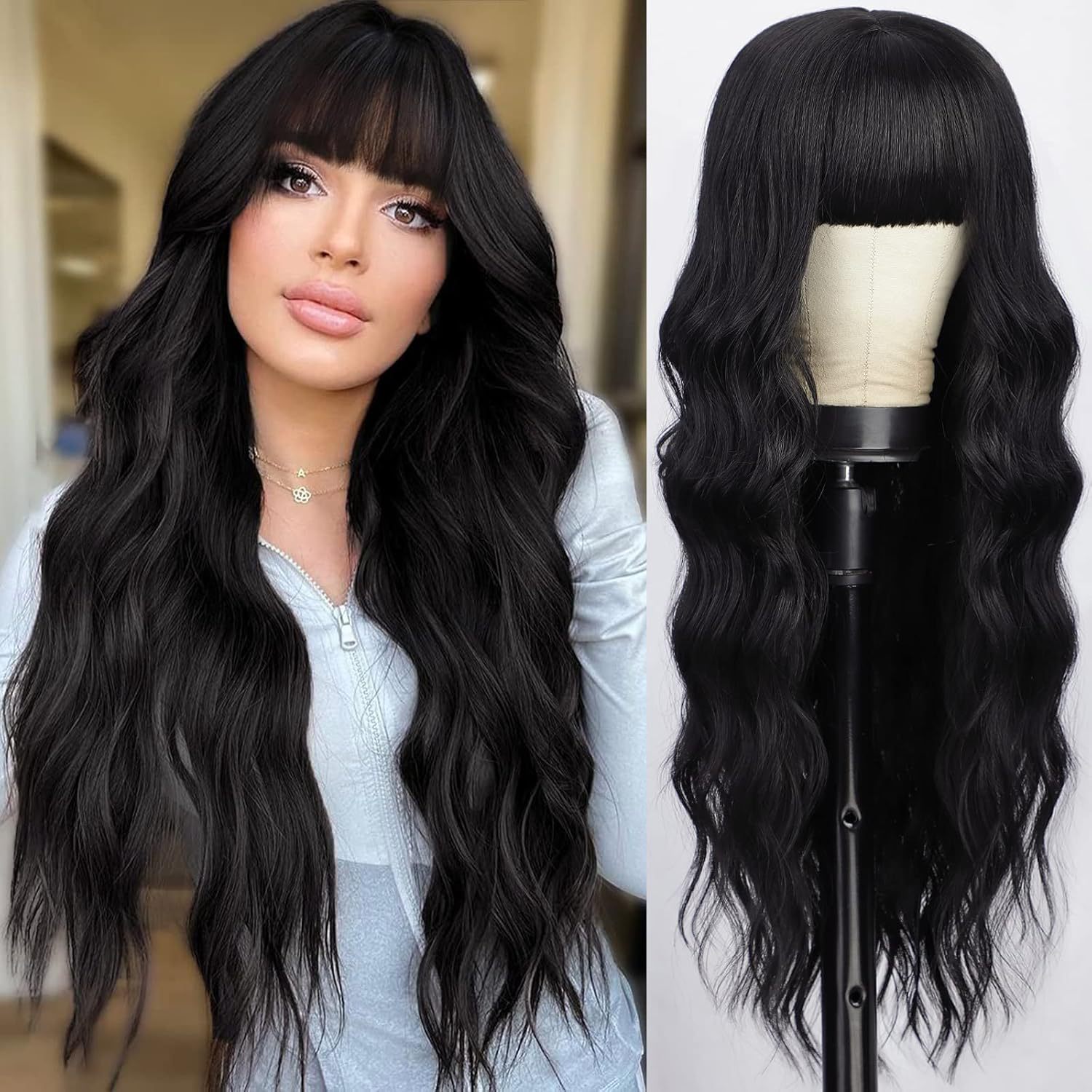Black gradient white bangs big wave long curly hair wig