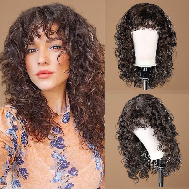 Brown black small curly long curly hair wig