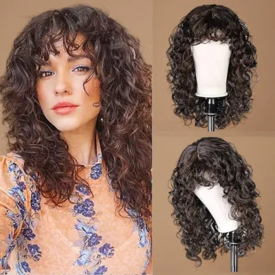 Brown black small curly long curly hair wig 01