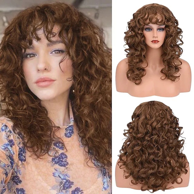 Brown black small curly long curly hair wig