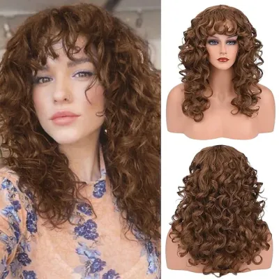 Brown black small curly long curly hair wig 02