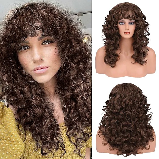Brown black small curly long curly hair wig