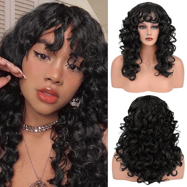 Brown black small curly long curly hair wig