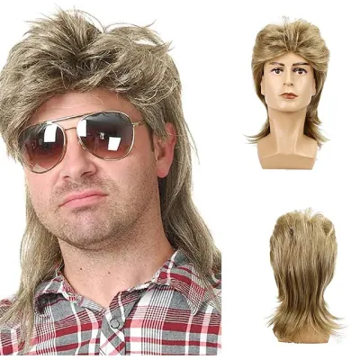 Men's wig with brown curly hair 02