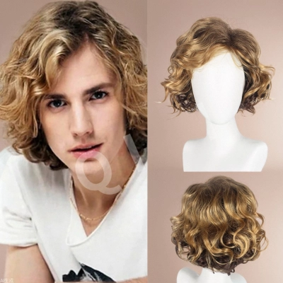 Men's wig with slanted bangs and short curly hair 01