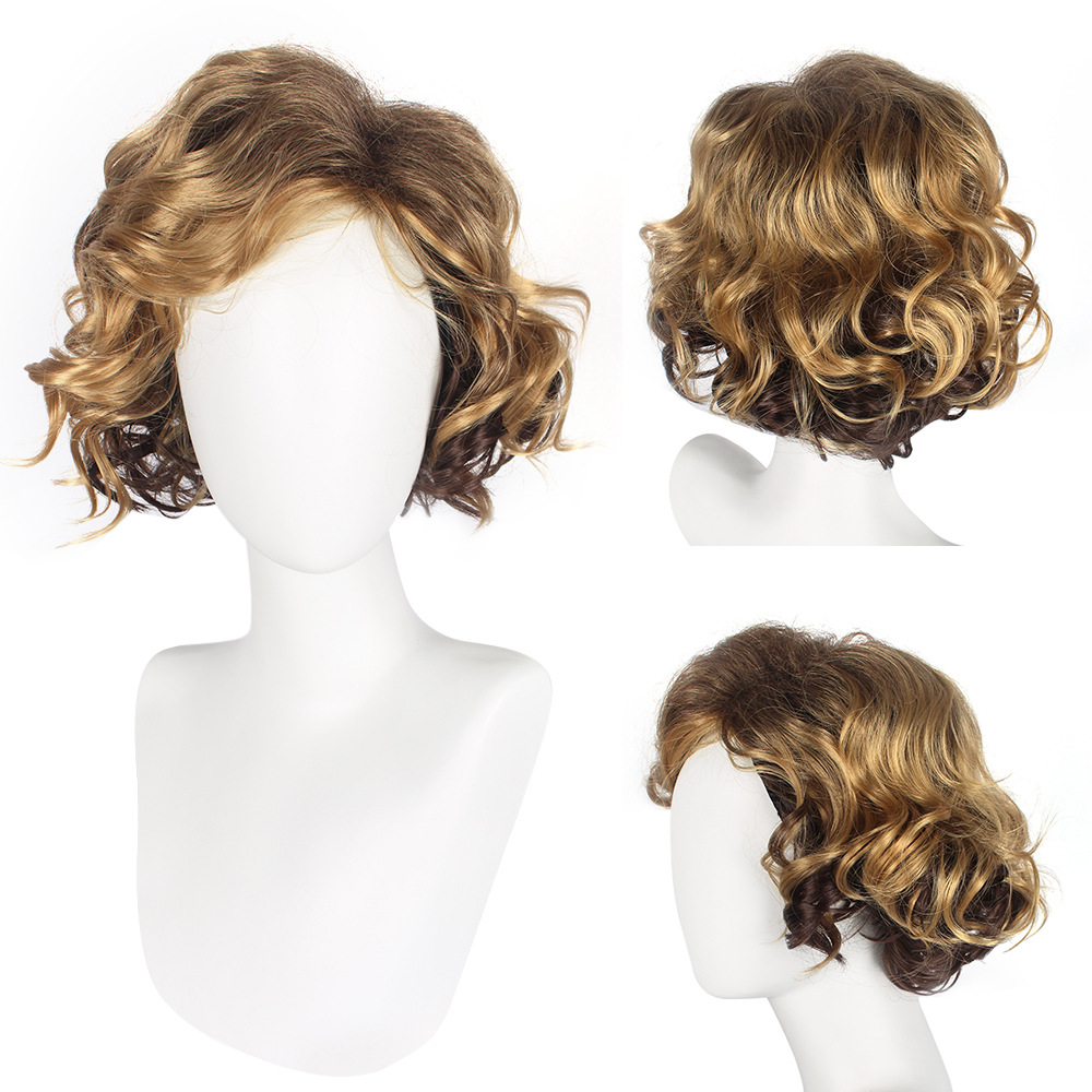 Men's wig with slanted bangs and short curly hair