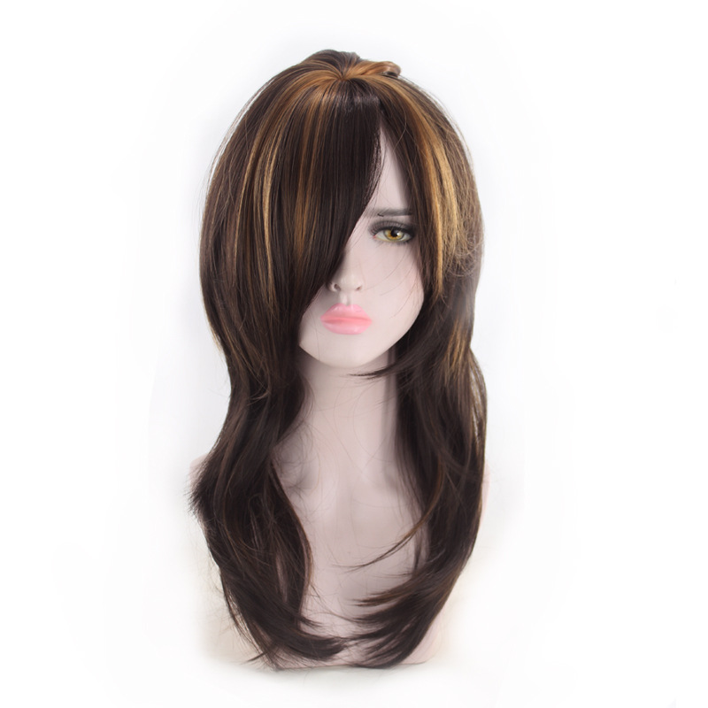 Wave parted long bangs, long curly hair, gradient wig