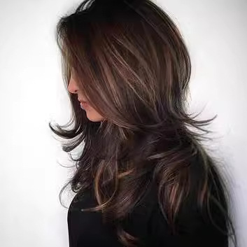 Wave parted long bangs, long curly hair, gradient wig