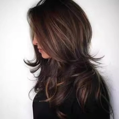 Wave parted long bangs, long curly hair, gradient wig 01