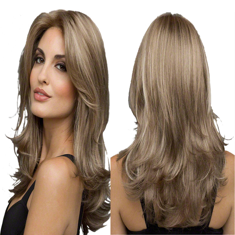 Wave parted long bangs, long curly hair, gradient wig