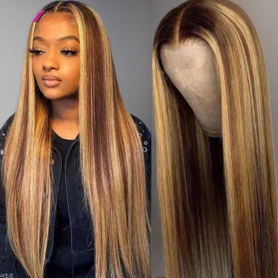 Wig brown gold gradient long straight hair 01