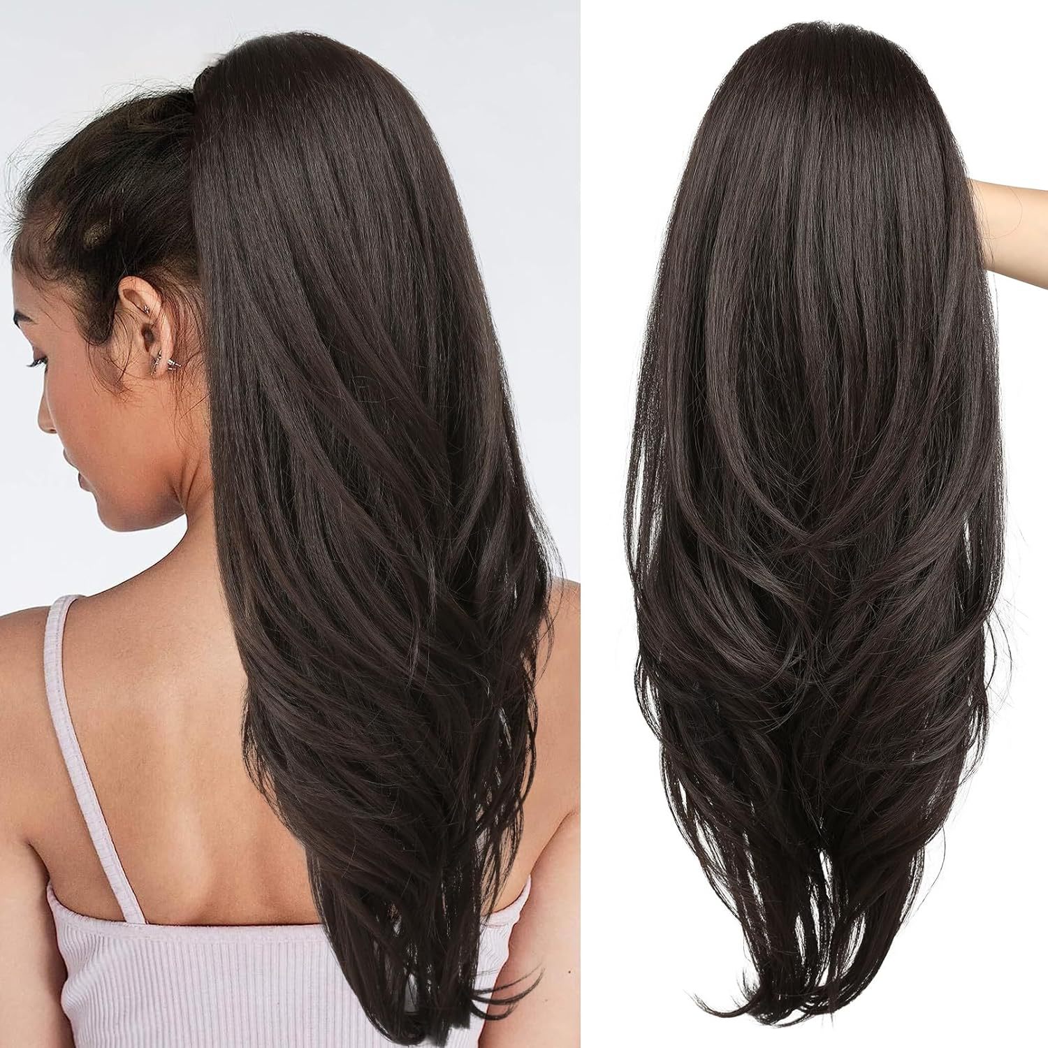 One Piece A Jaw Long Pony Tails for Women Dark Brown