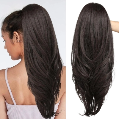 One Piece A Jaw Long Pony Tails for Women Dark Brown 01