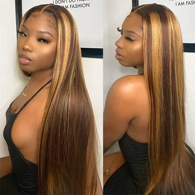 Ladies' brown gold piano color long bangs long straight hair wig 01