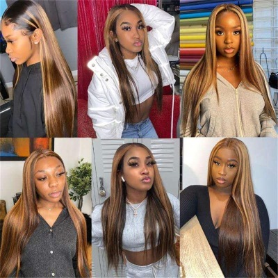 Ladies' brown gold piano color long bangs long straight hair wig 02