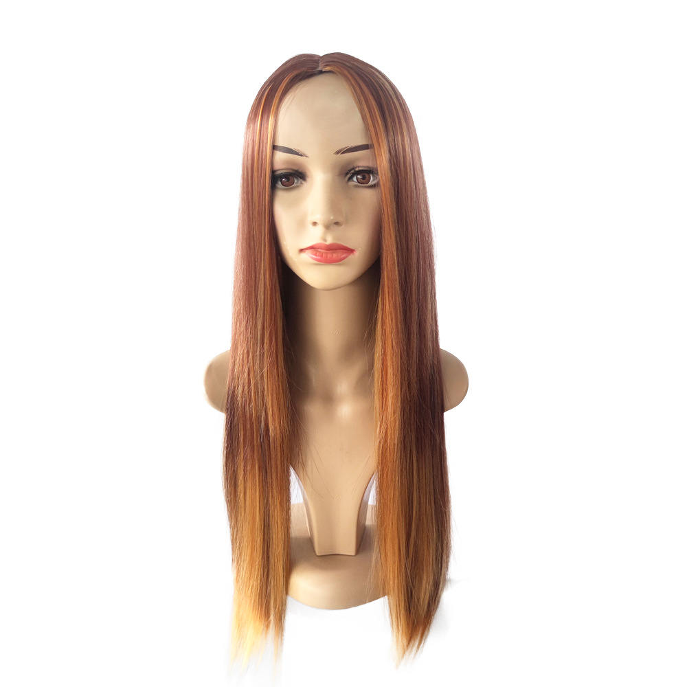Ladies' brown gold piano color long bangs long straight hair wig