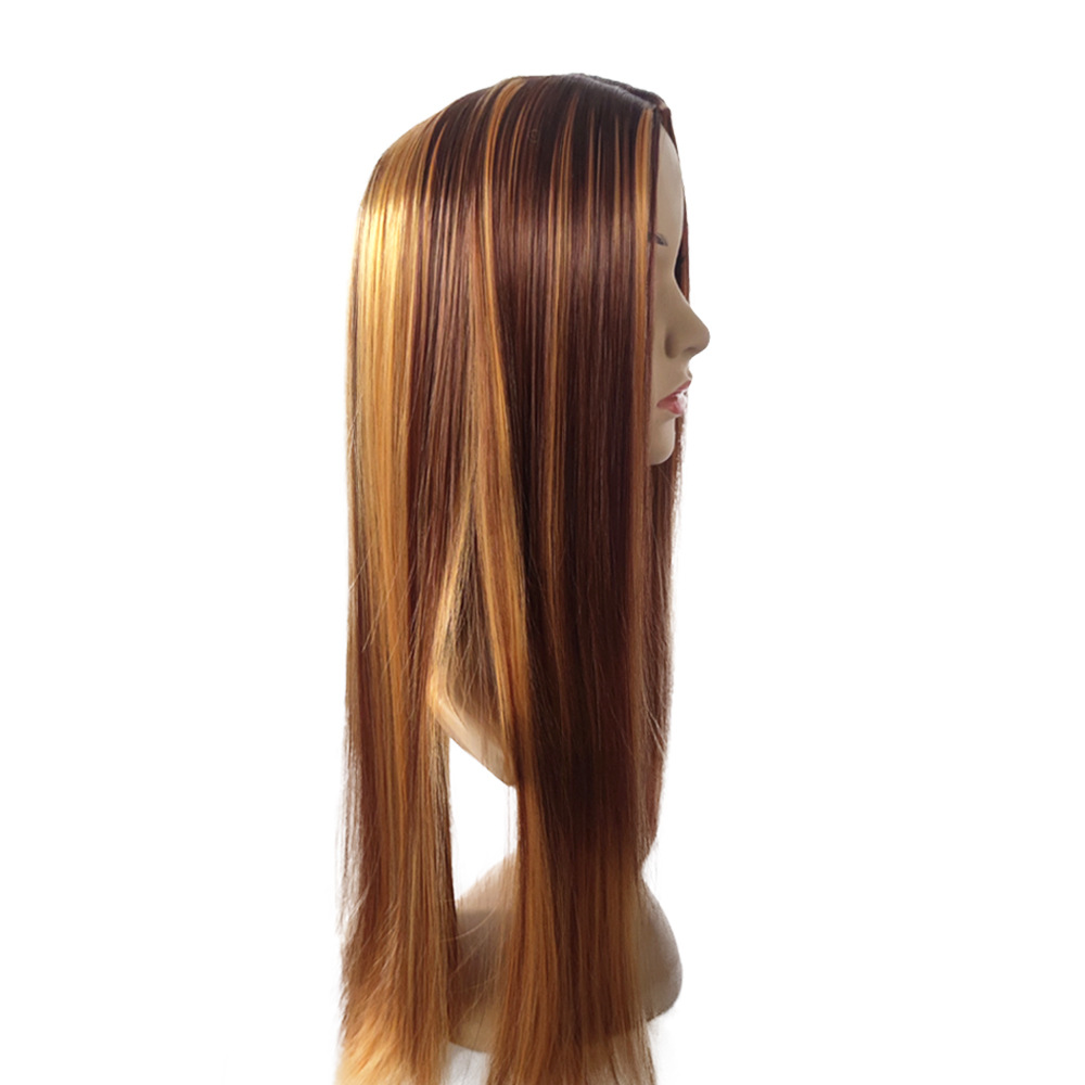 Ladies' brown gold piano color long bangs long straight hair wig
