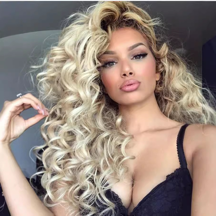 Female long curly hair with large wavy synthetic wig