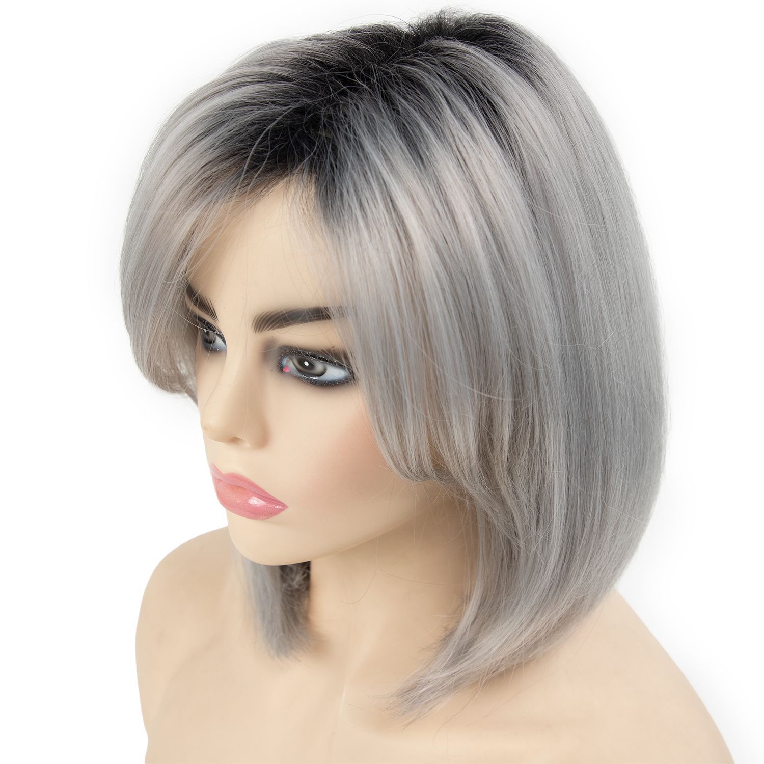 Female wig with slanted bangs, short straight hair, wavy head