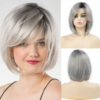 Female wig with slanted bangs, short straight hair, wavy head 01