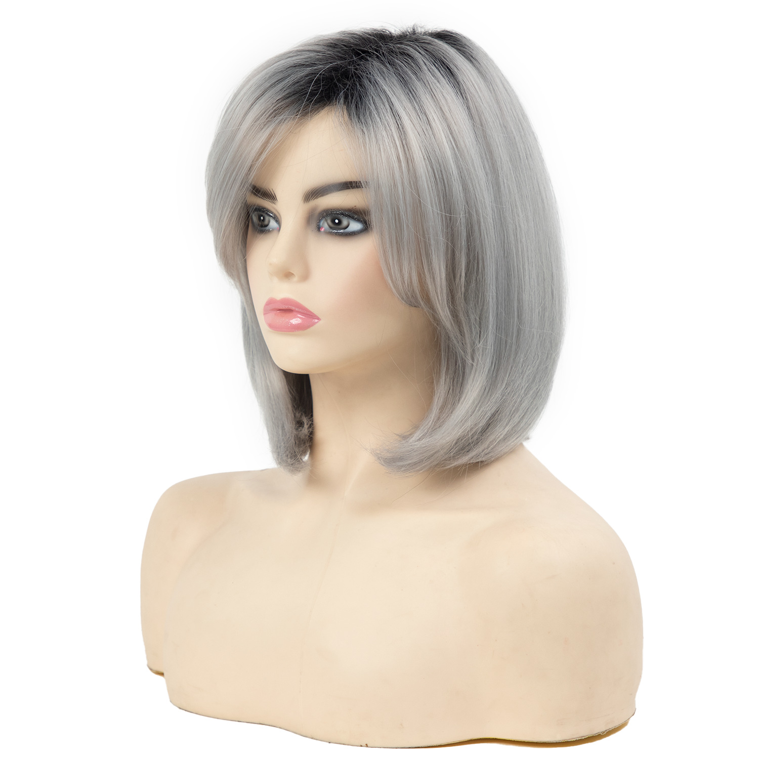 Female wig with slanted bangs, short straight hair, wavy head