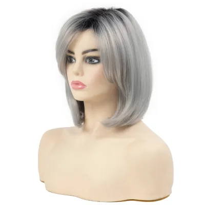 Female wig with slanted bangs, short straight hair, wavy head 02