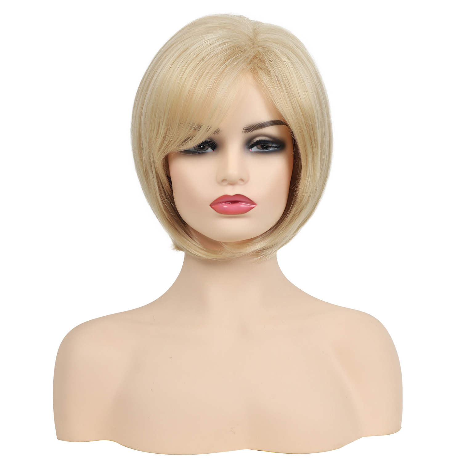 Female wig with slanted bangs, short straight hair, wavy head