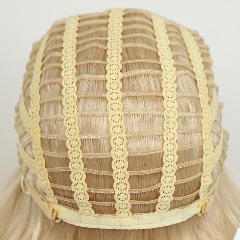 Female wig with slanted bangs, short straight hair, wavy head