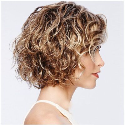 Female wig with slanted bangs and short curly hair 02
