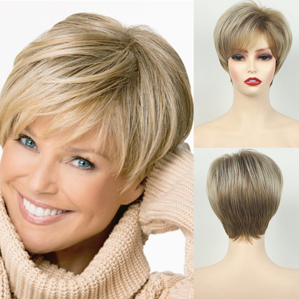 Ladies' fashionable golden slanted bangs short straight wig
