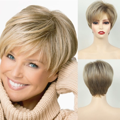 Ladies' fashionable golden slanted bangs short straight wig 01