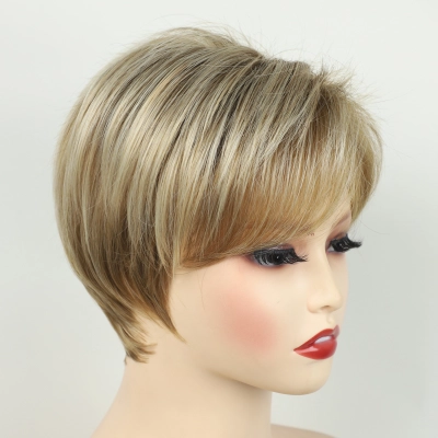 Ladies' fashionable golden slanted bangs short straight wig 02