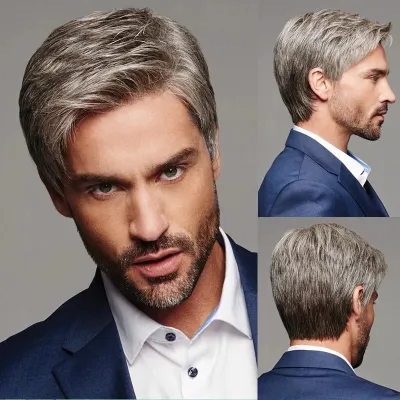 Men's wig brown gray diagonal split 01