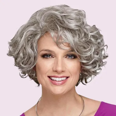 Wig, female, full head, short curly hair, gray 01