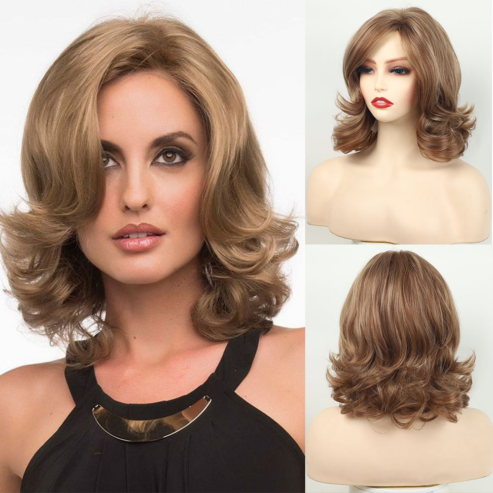 Wig, female, full head, short curly hair, slightly brown in color