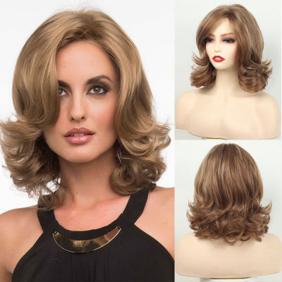 Wig, female, full head, short curly hair, slightly brown in color 01