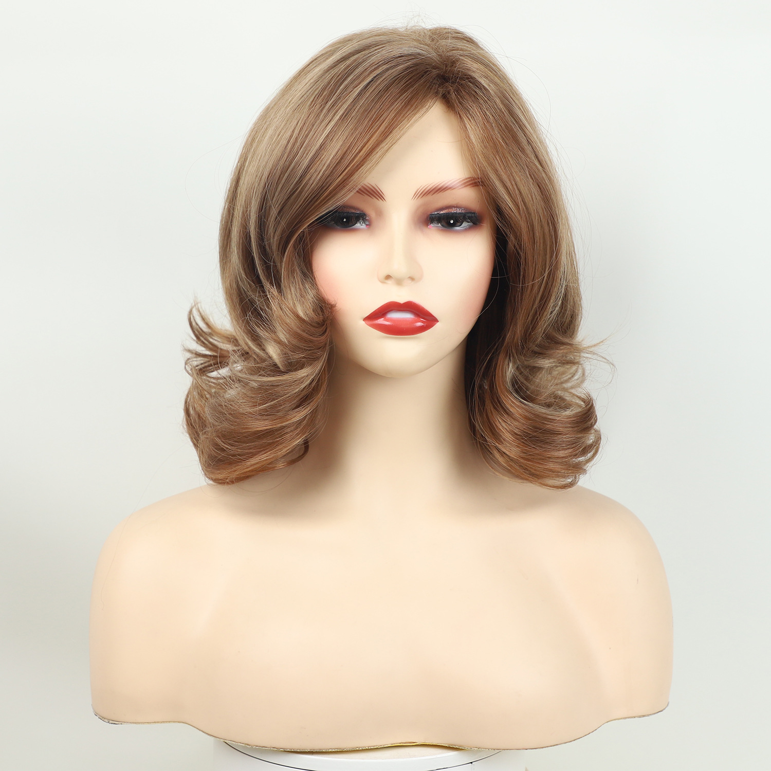 Wig, female, full head, short curly hair, slightly brown in color