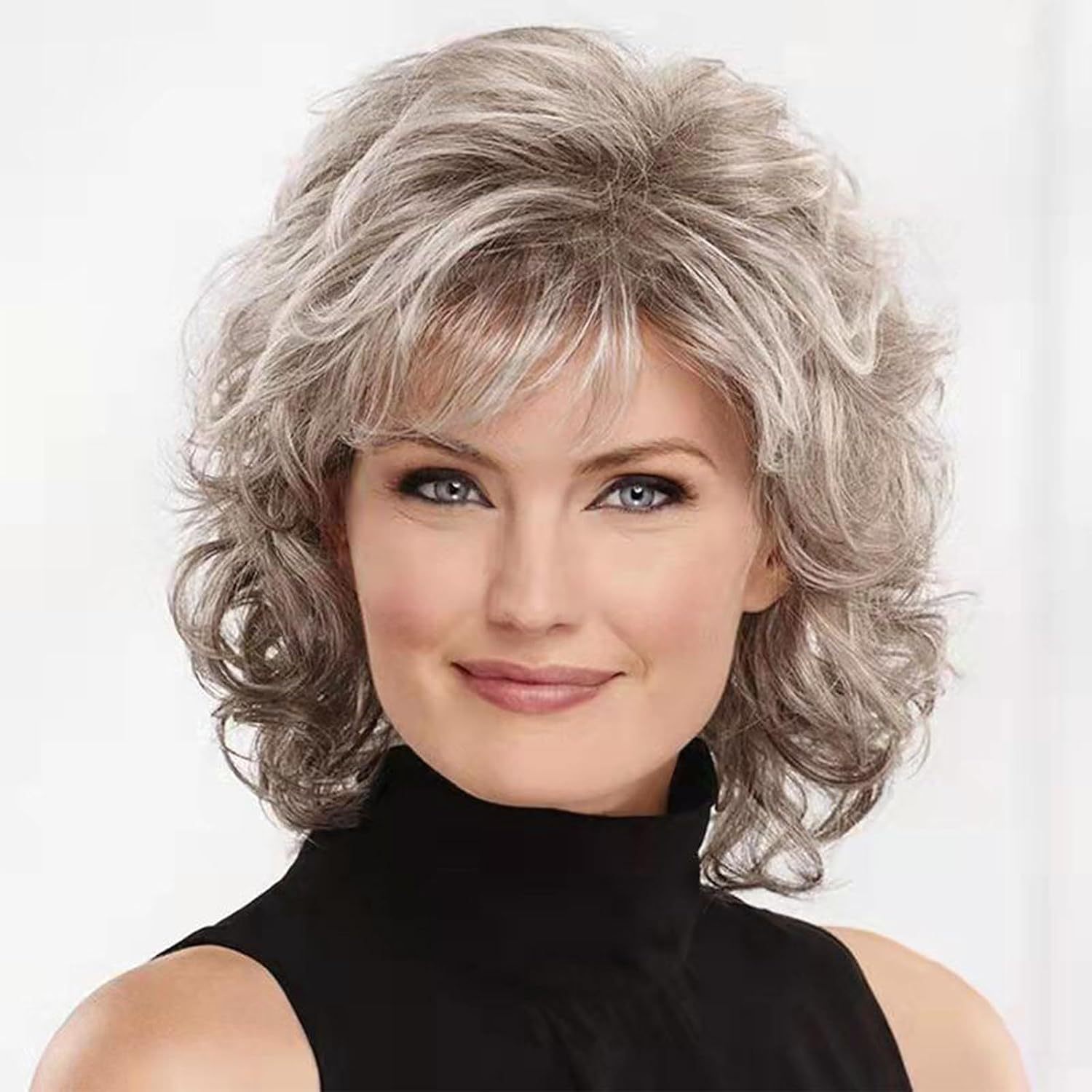 Wig, women's short curly hair, gray gradient